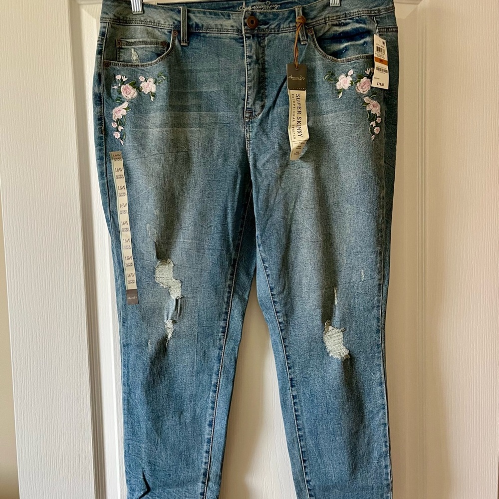 American Girl Skinny Jeans with Pink Rose Embroidery - Blue Denim